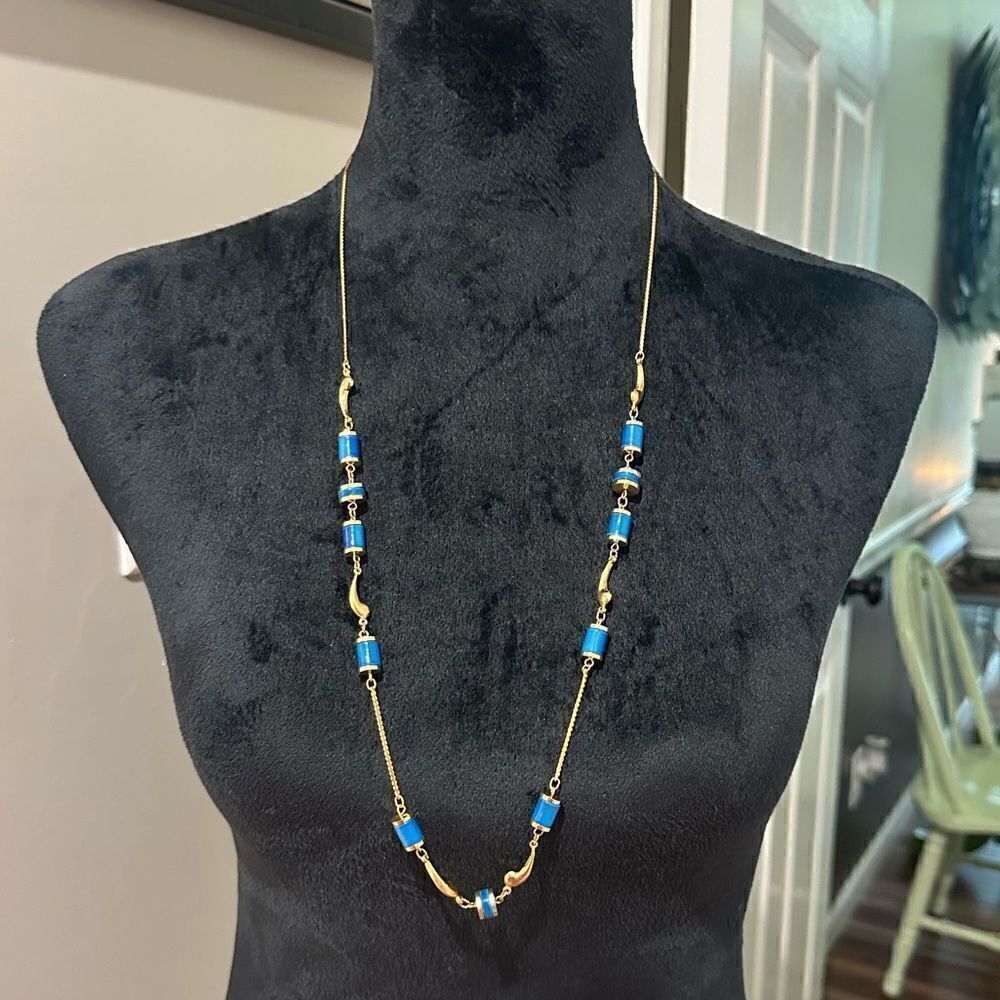 Vintage Gold Tone & Blue Station Necklace 30”